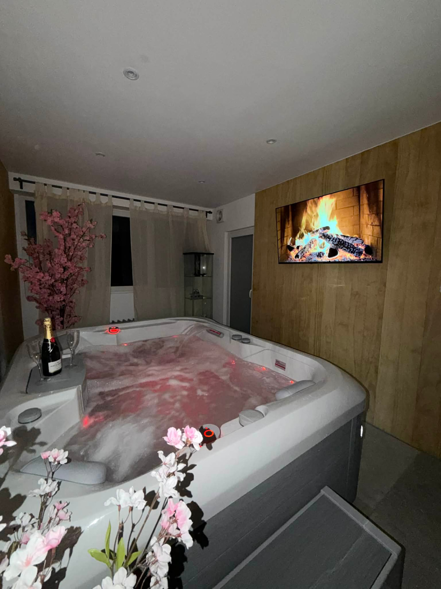 Vue d'ensemble de l'espace spa, mur en bois et écran mural