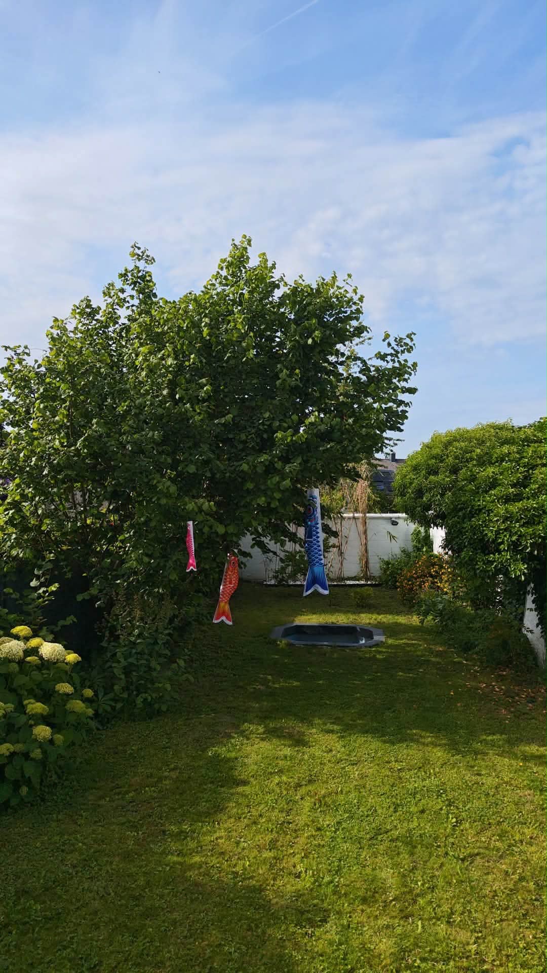 Jardin japonais privé avec koinobori colorés et baignoire extérieure