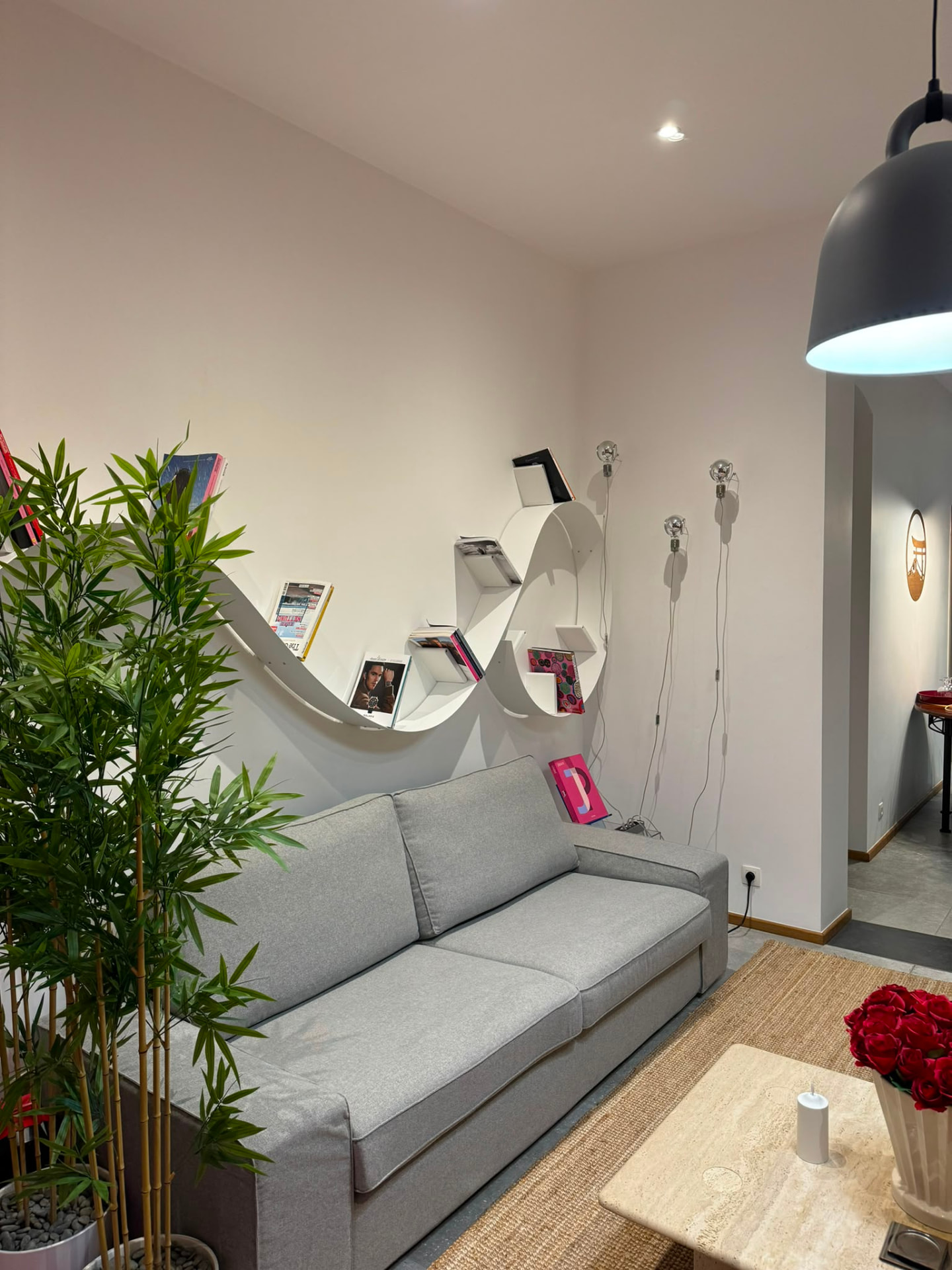 Canapé gris confortable, étagère design et plantes vertes dans le salon